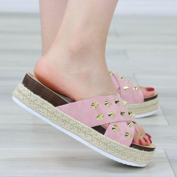 Pink Platform Sandals Nubuck Espadrille Heel Gold Metal Stud Slip On Sliders - Picture 11 of 12